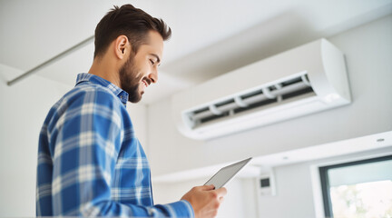 Fototapeta premium Technician Installing Smart Air Conditioning Unit – Modern Home Interior Setup for Energy-Efficient Cooling Solutions 