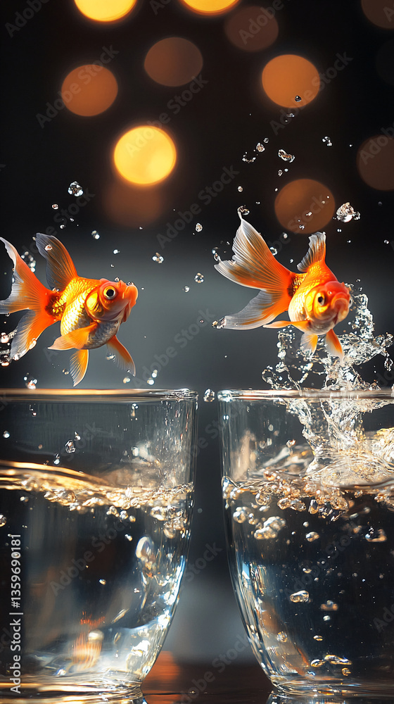 Poster two goldfish jump into glasses of water against a bokeh background, showcasing dynamism and a refres