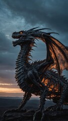 Twisted Dragon with Jagged Crimson-Tipped Wings and a Menacing Gaze in a Fiery Atmosphere