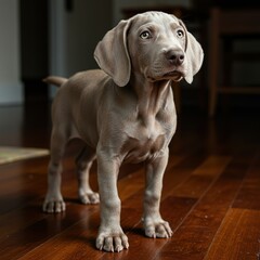 Weimaraner Puppy with Silver Coat Standing on a Wooden Floor – Curious and Elegant