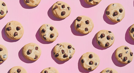 Fototapeta premium Uma disposição plana de deliciosos biscoitos de chocolate dispostos em um padrão regular em um fundo rosa