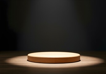 Wooden Product Display Podium Illuminated on Dark Background for Presentation
