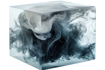 Dancing smoke trapped within a glass cube symbolizing the ethereal beauty of impermanence with clear stark illumination and deep shadowy background.