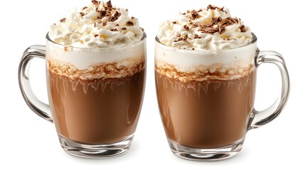 Two delicious mugs of hot chocolate topped with whipped cream and chocolate shavings are perfectly displayed on a white background.