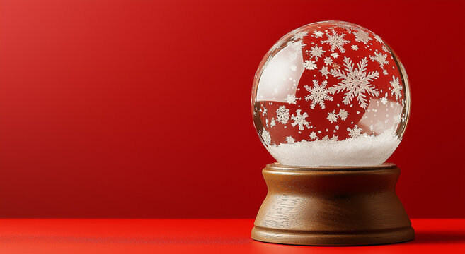 Um globo de neve com flocos de neve rodopiantes e uma base de madeira fica sobre uma mesa aconchegante e convidativa, sobre um fundo vermelho vibrante.