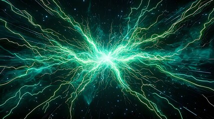 The image shows a stylized depiction of a bright teal energy explosion or discharge, resembling lightning bolts radiating outwards from a central point against a dark background speckled with small l