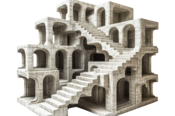 Enigmatic stone labyrinth a surreal climb through arches and stairs a puzzling architectural wonder against a solid black backdrop with textural details