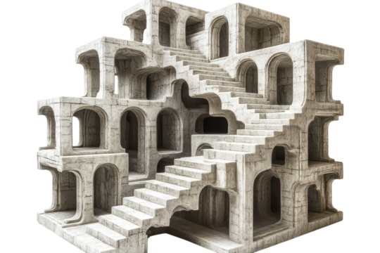 Enigmatic stone labyrinth a surreal climb through arches and stairs a puzzling architectural wonder against a solid black backdrop with textural details