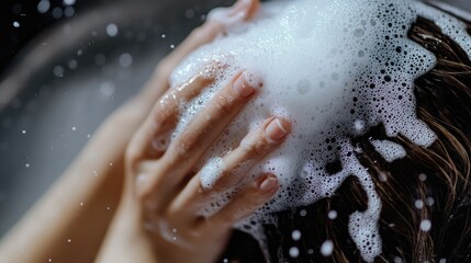 Fototapeta premium A woman's hand gently squeezing shampoo from a bottle, with foam starting to form as she prepares to wash her hair.