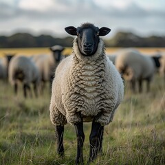 Obraz premium Suffolk sheep Ovis aries standing proudly in an open pasture its black face and legs contrasting with its thick white wool Other sheep graze in the background