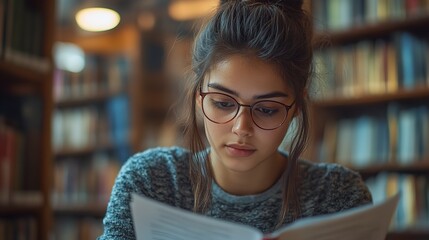 Young woman with glasses reading a book in a library with bookshelves in the blurred background