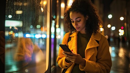 A woman under the glow of streetlights, using her smartphone while waiting at a bus stop late at night.