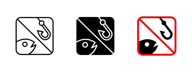 No fishing icon. Prohibited fishing vector illustration. Hook and fish restriction sign for marine conservation. Environmental protection and aquatic safety warning for regulated areas.