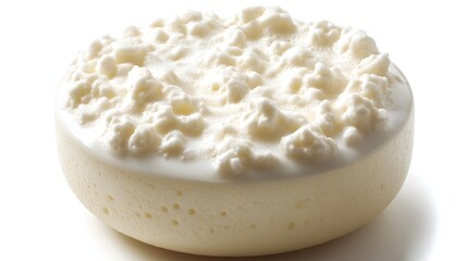 A close-up studio shot shows a bowl of fresh creamy cottage cheese ready to eat for a healthy breakfast.