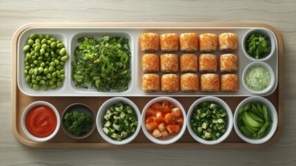 Sushi bar with assortment of rolls and ingredients