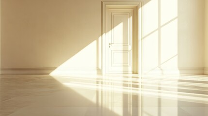 Fototapeta premium Bright sunlight spilling through a door portal, casting soft reflections on the clean floor of an empty room.
