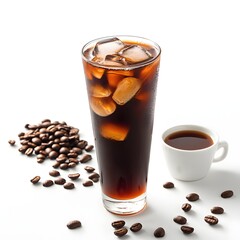 A tall glass of iced Americano coffee with coffee beans nearby