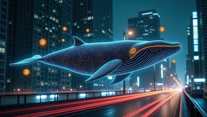 A surreal digital whale floats above a futuristic city filled with Bitcoin symbols, symbolizing crypto whales and digital finance dominance.