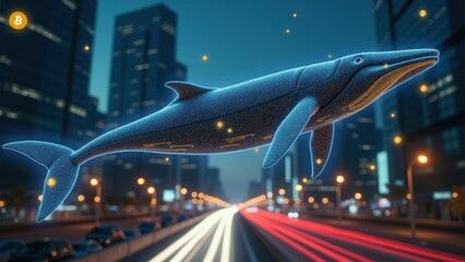 Futuristic concept art of a crypto whale above a busy city at night, visualizing the power of Bitcoin and influence in digital markets.