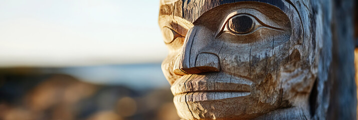 Close-up of Carved Wooden Totem Pole Face