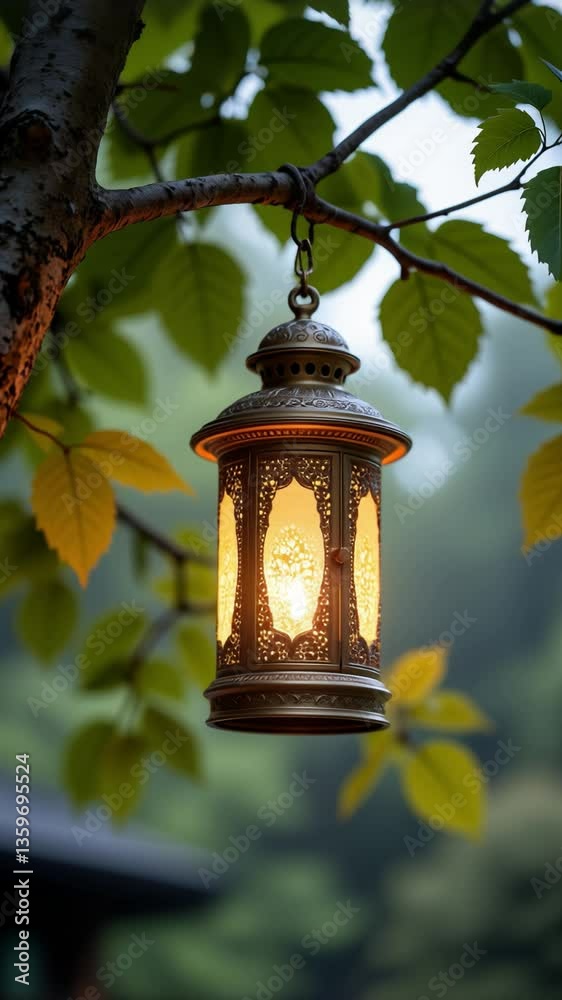 Poster elegant decorative lantern hanging from a tree branch surrounded by lush green leaves, glowing softl