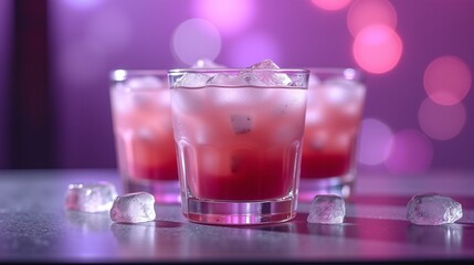 Three glasses of red beverage with ice, on a table against a blurred background.