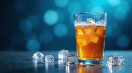 A glass of amber-colored beverage with ice cubes against a bokeh blue background.