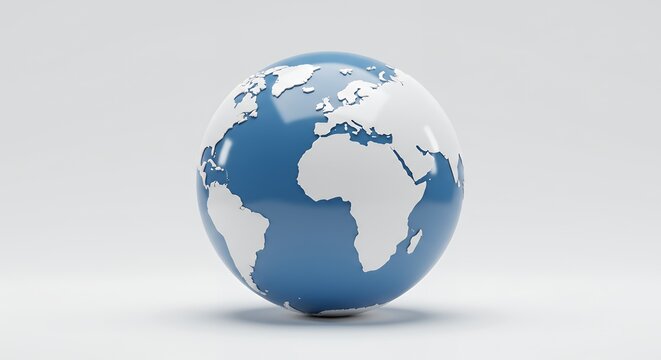 3D Render of a Glossy Blue Earth Globe Against a White Background Representing Global Connectivity and International Relations