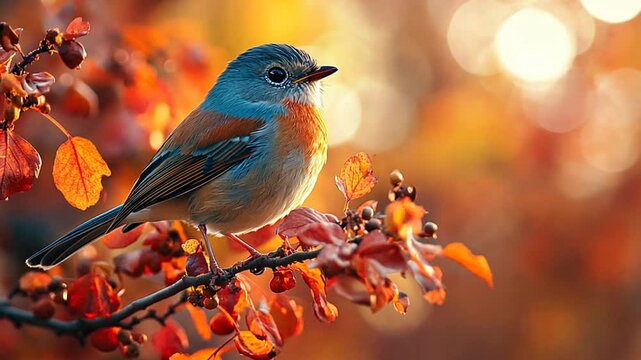 Autumn bird perched on branch, vibrant fall colors, nature scene, perfect for wallpaper or screen saver