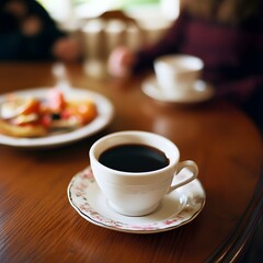 Obraz premium Cozy Coffee Break, Close-up of Black Coffee Cup on Wooden Table