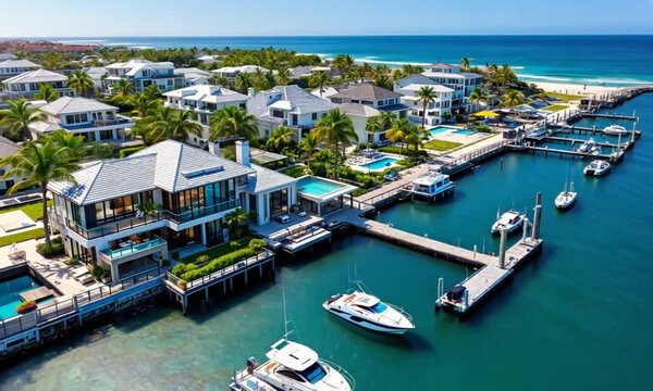Luxurious waterfront homes with yachts, aerial view