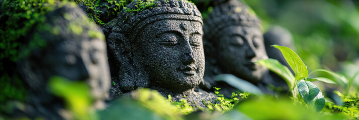 Stone Buddha Statues in Lush Greenery
