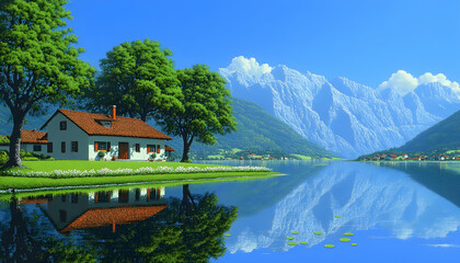 Pixel Art Lakeside Village Scene