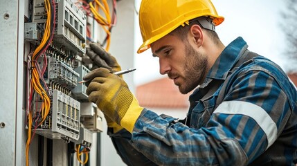 A team of electricians in uniform, planning and discussing electrical installations on site.