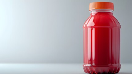 A single plastic bottle of vibrant red liquid stands against a simple gray background showcasing its sleek design and refreshing appeal.