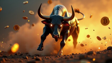 Powerful Bitcoin bull running through flames, representing cryptocurrency surge, investor optimism, and digital asset strength.