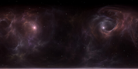 360 degree space nebula. Giant interstellar cloud with stars, equirectangular projection, environment map. Spherical panorama. 3d illustration
