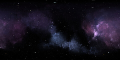360 degree space nebula. Giant interstellar cloud with stars, equirectangular projection, environment map. Spherical panorama. 3d illustration