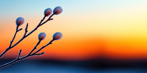 Winter branches with snow covered buds against colorful sunset sky create serene and tranquil atmosphere