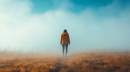 Solitude in the Misty Field: A Woman's Journey into the Unknown