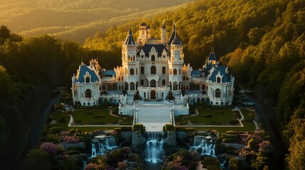 Obraz premium Elegant fairy-tale castle of white marble, framed by cascading waterfalls and blooming gardens, golden-hour sunlight creating a warm glow