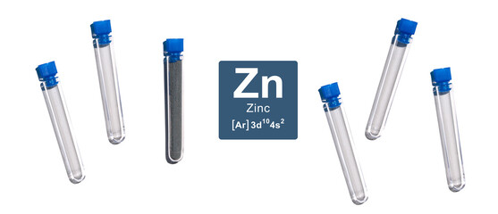 Close up chemical ingredient on white laboratory table. Zinc Powder in test tube with Symbol, Name and Electron Configuration.