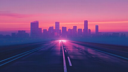 Fototapeta premium Empty highway merging into a distant cityscape, sleek buildings rising under a soft twilight gradient, clean asphalt stretching endlessly 