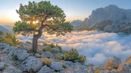 Majestic sunrise illuminates lone tree atop rocky mountain, overlooking sea of clouds and distant peaks.