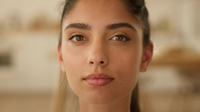 Portrait pretty healthy lady look down looking at camera face medicine health Indian woman at home girl female relaxing loan mortgage credit bank at own apartment businesswoman business headshot gaze