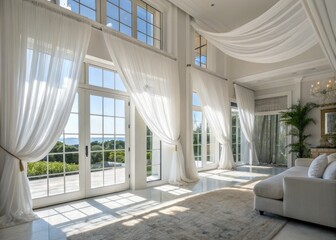 Obraz premium Drone captures a modern living room's elegance: white curtains, sophisticated wallpaper, and impeccable window treatments define luxury.