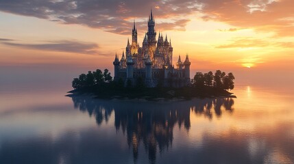 Fototapeta premium Enchanted castle of shimmering glass and silver, floating gently above a tranquil lake, its reflection sparkling under twilight skies 
