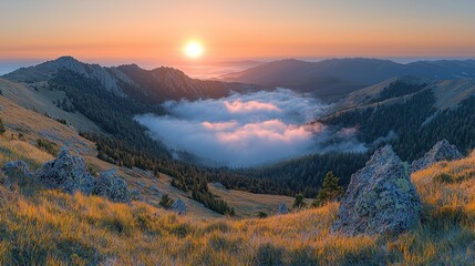 Fototapeta premium Serene Mountain Landscape at Sunrise with Mist and Soft Light
