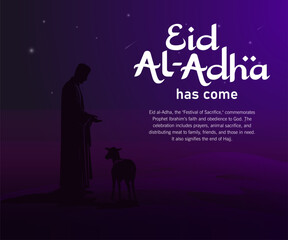 Naklejka premium Eid al-Adha vector illustration with arabian desert, moslem, and sacrificial animals. Perfect for greetings, banners, and social media.