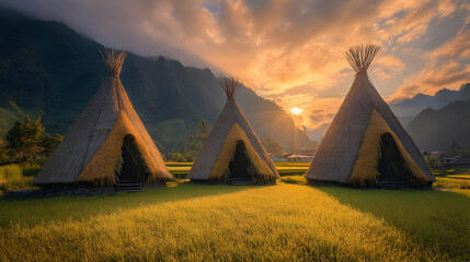 Straw Huts In Rice Paddy Field At Sunset